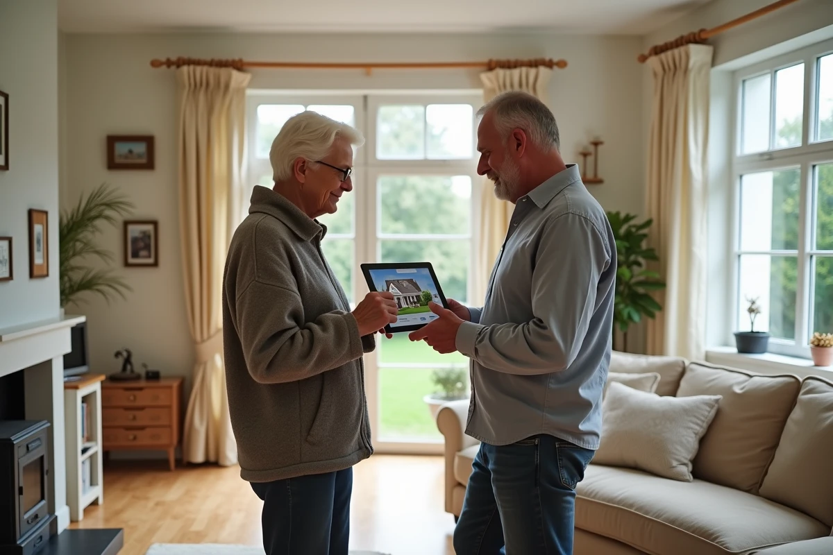 Couple propriétaire consultant l'estimation de leur bien immobilier sur tablette avant une vente