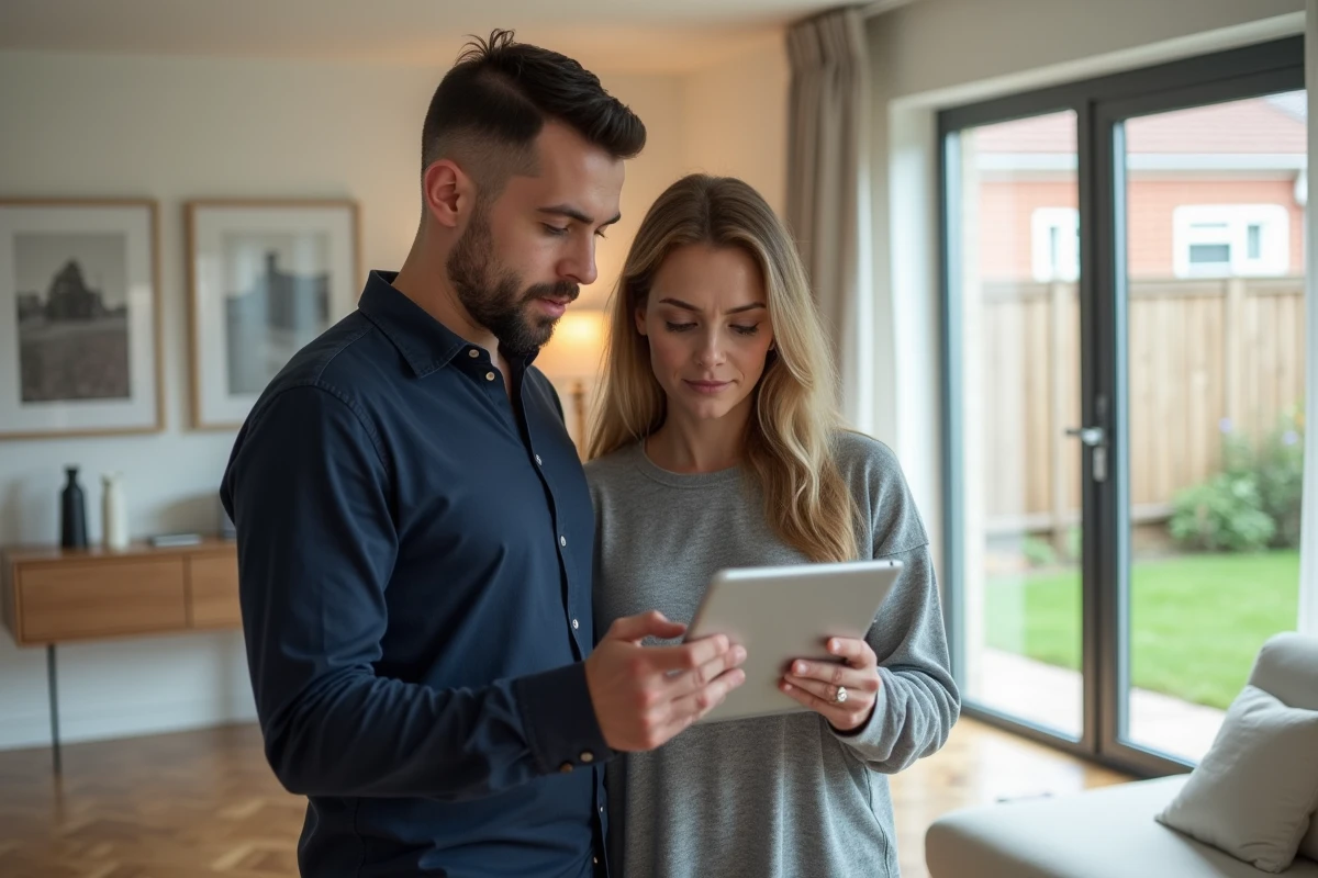 Couple consultant l'estimation du prix de leur maison sur une tablette dans leur salon avant une vente immobilière