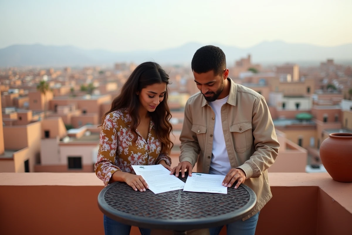 Couple marocain examinant des documents de financement immobilier sur une terrasse avec vue sur les toits de Marrakech