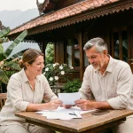 Couple français examinant des documents immobiliers devant une maison traditionnelle thaïlandaise en teck avec jardin tropical