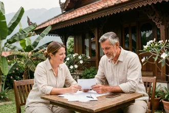 Couple français examinant des documents immobiliers devant une maison traditionnelle thaïlandaise en teck avec jardin tropical
