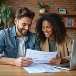 Jeune couple dans un appartement moderne examine des documents immobiliers