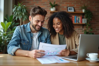 Jeune couple dans un appartement moderne examine des documents immobiliers