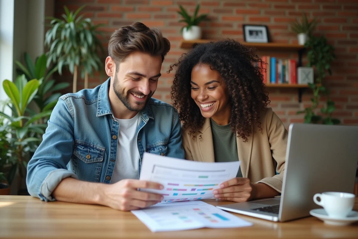 Jeune couple dans un appartement moderne examine des documents immobiliers