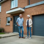 Couple examinant la façade d'une maison mitoyenne avec garage intégré avant un achat immobilier