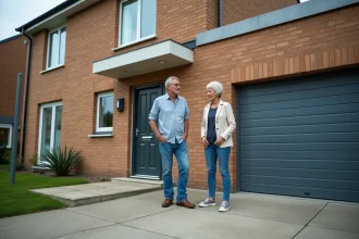 Couple examinant la façade d'une maison mitoyenne avec garage intégré avant un achat immobilier