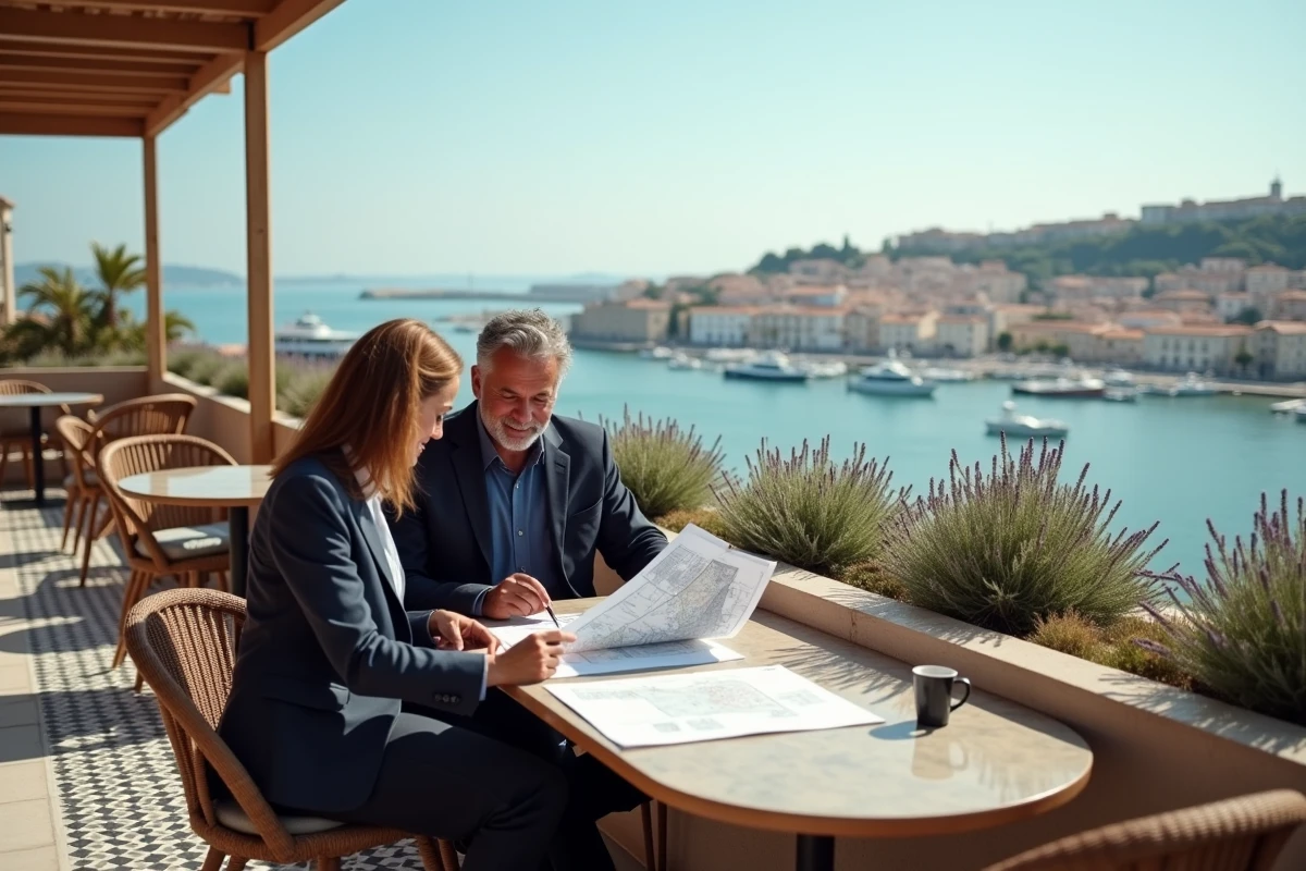 Couple élégant consultant des documents immobiliers en terrasse avec vue sur le littoral marseillais