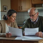 Une femme d'âge moyen et un homme âgé lisant des documents dans la cuisine