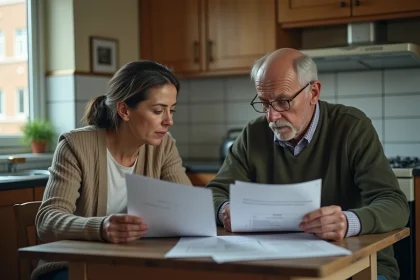 Une femme d'âge moyen et un homme âgé lisant des documents dans la cuisine