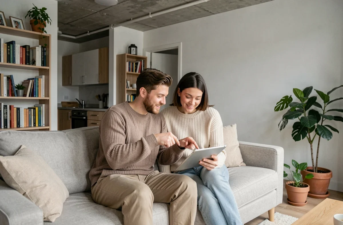 Couple de locataires comparant les offres d'assurance habitation ING sur une tablette dans leur appartement en ville