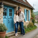 Jeune couple devant une maison en pierre en HauteLoire