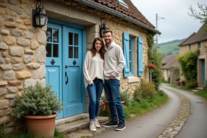 Jeune couple devant une maison en pierre en HauteLoire