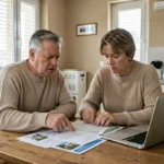Couple de propriétaires en multipropriété Pierre et Vacances examinant des documents de revente dans un appartement de vacances