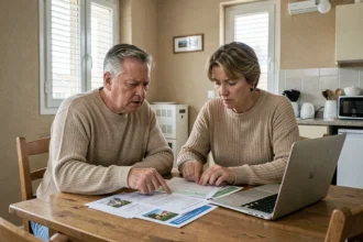 Couple de propriétaires en multipropriété Pierre et Vacances examinant des documents de revente dans un appartement de vacances