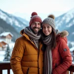 Couple souriant sur balcon avec vue sur les montagnes enneigees