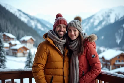 Couple souriant sur balcon avec vue sur les montagnes enneigees