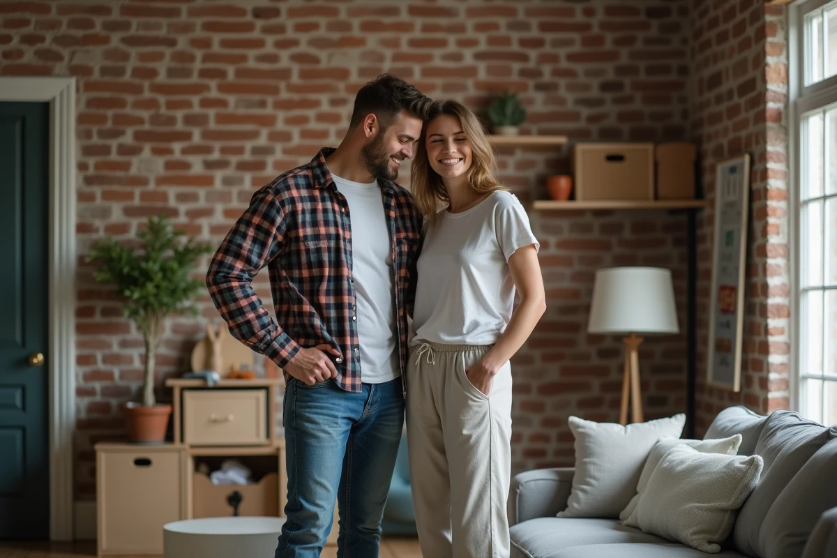 Jeune couple arrangeant des meubles dans un salon