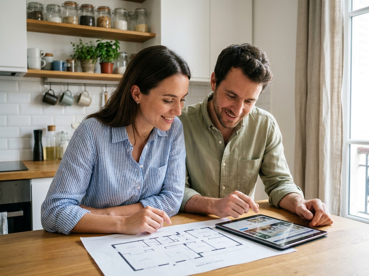Un jeune couple étudie un projet d'investissement locatif autour d'un plan d'appartement sur leur table de cuisine