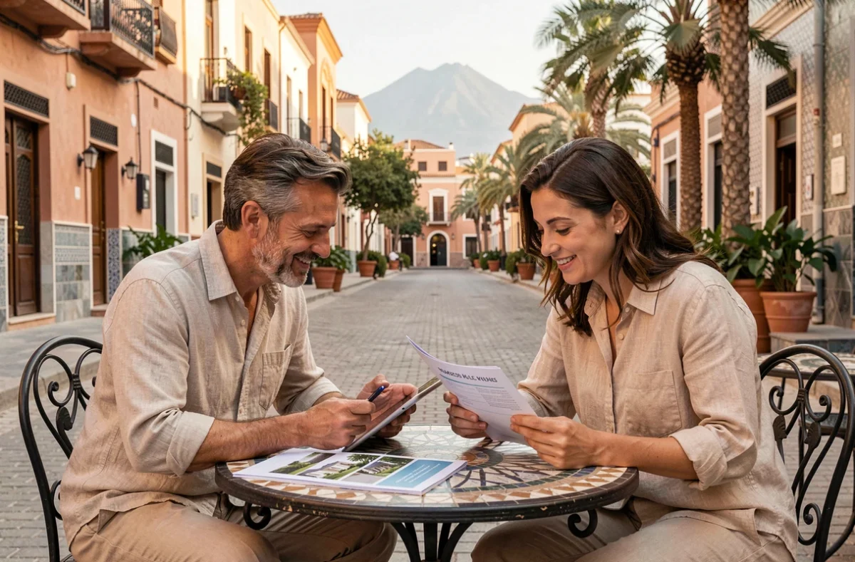 Couple consultant des brochures immobilières dans un café du quartier Guéliz à Marrakech avec l'Atlas en arrière-plan