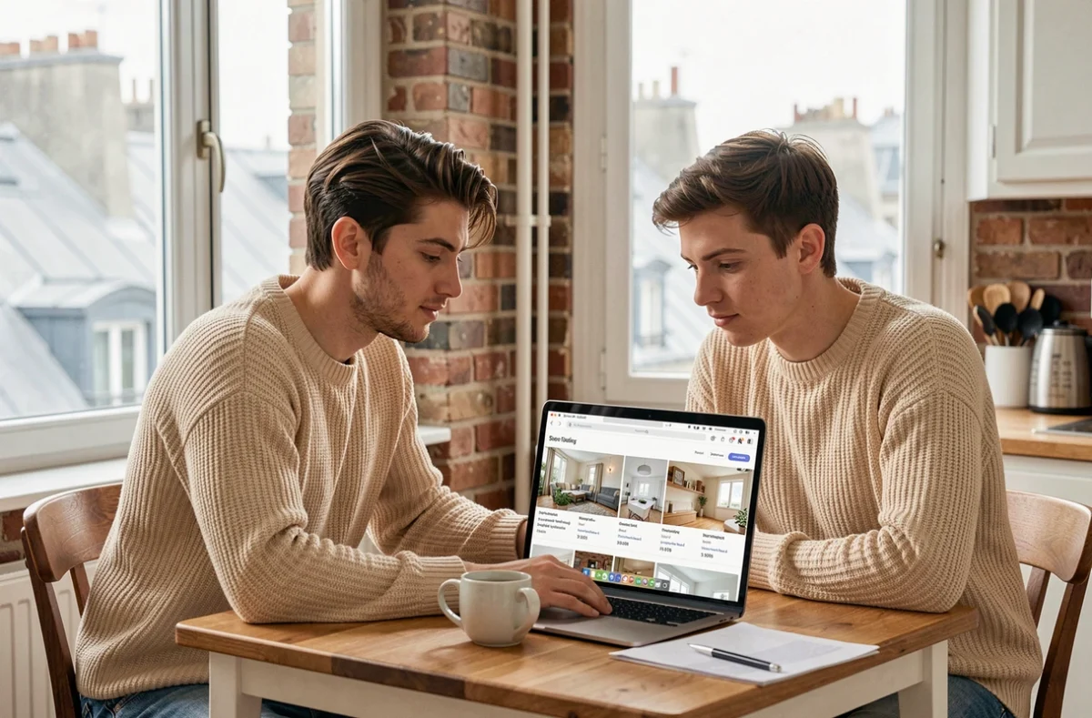 Couple recherchant un appartement à louer sur internet dans leur logement parisien