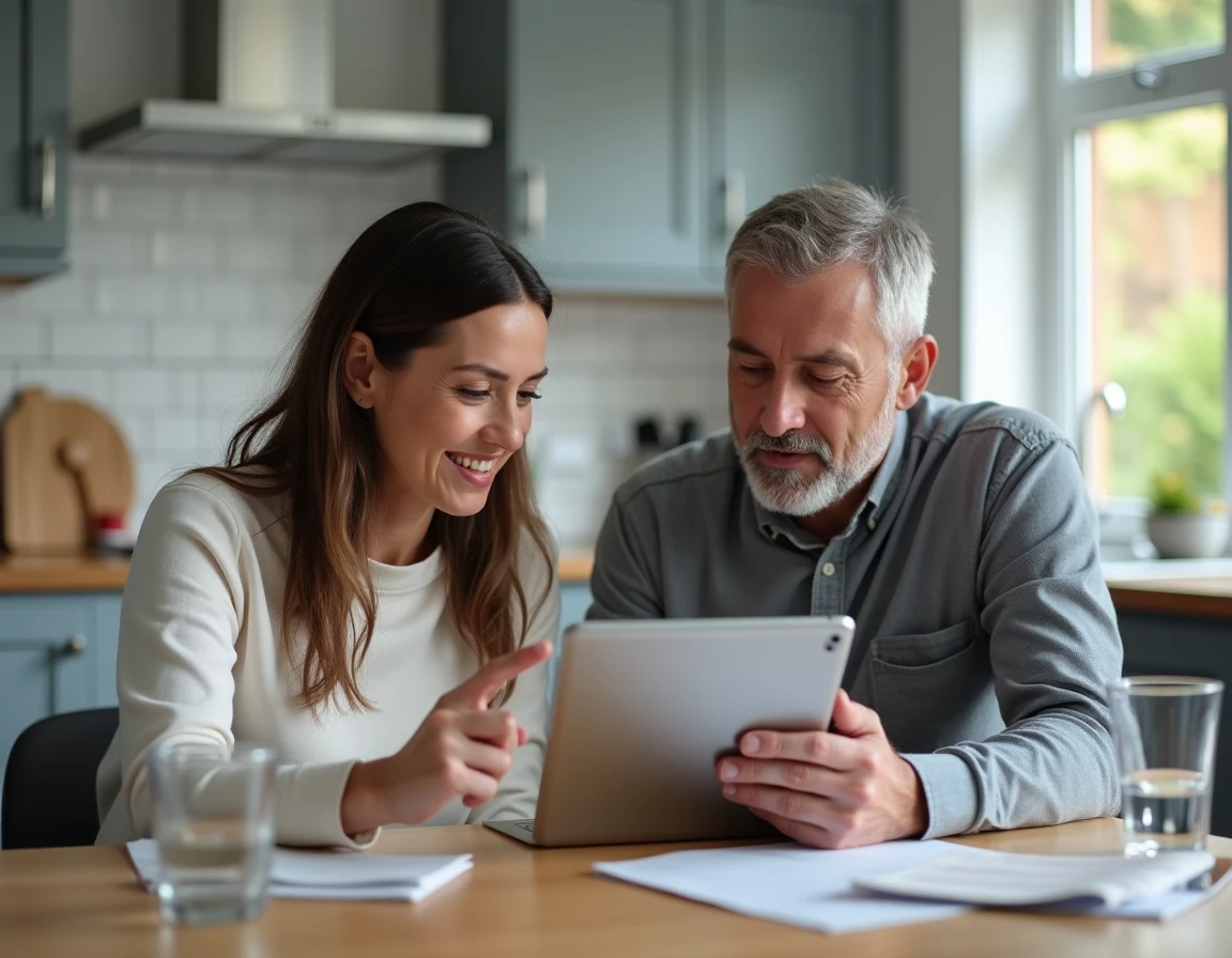 Couple examinant ensemble un formulaire de renouvellement de demande de logement sur une tablette dans leur cuisine, illustrant la démarche LOC annonce