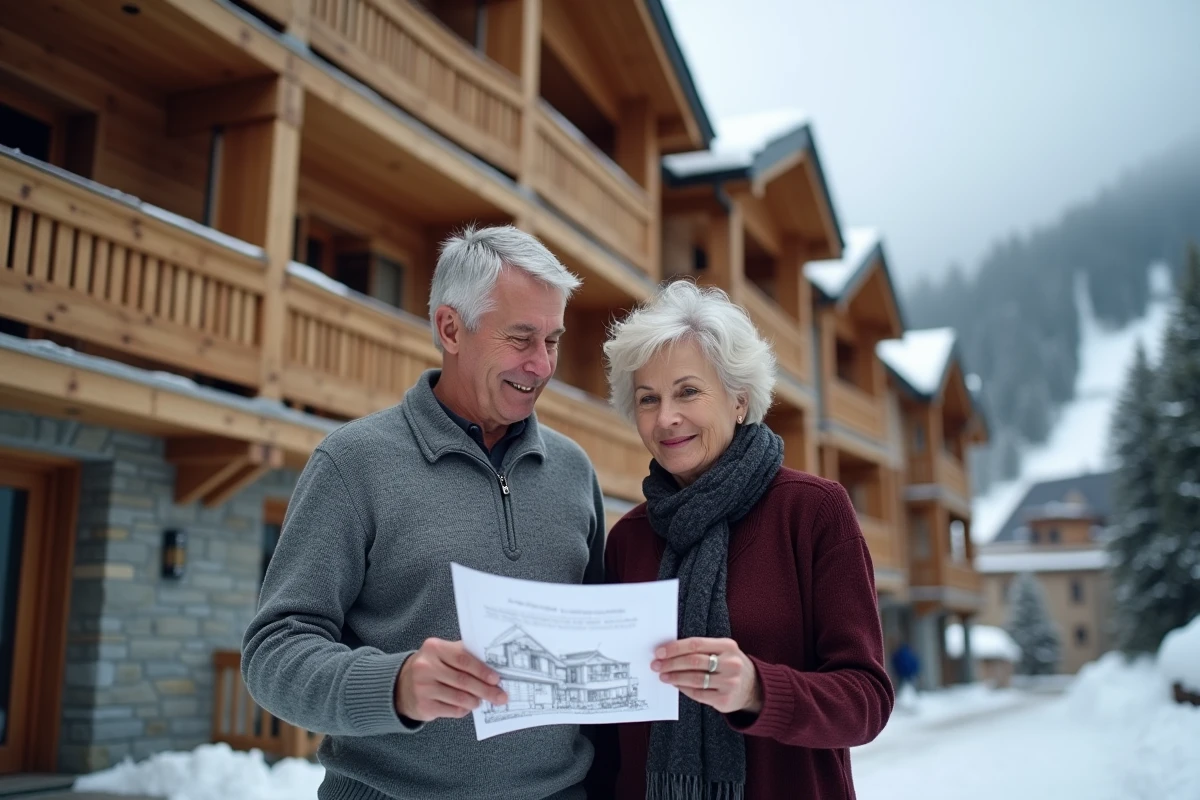 Couple examinant les détails d'une résidence Pierre et Vacances en montagne avant un achat immobilier