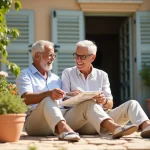 Couple retraité souriant devant maison provençale