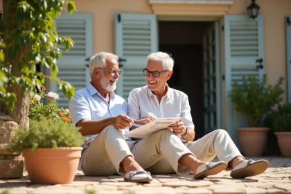 Couple retraité souriant devant maison provençale