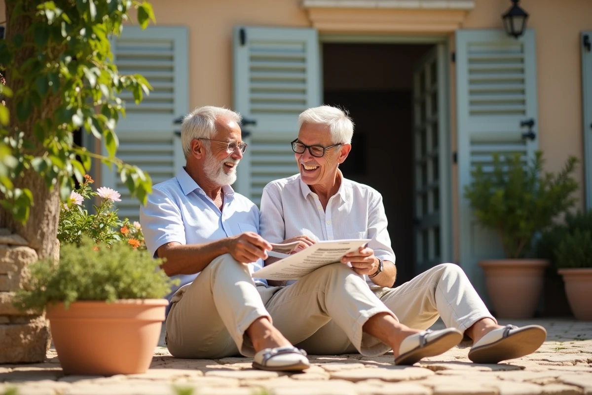 Couple retraité souriant devant maison provençale