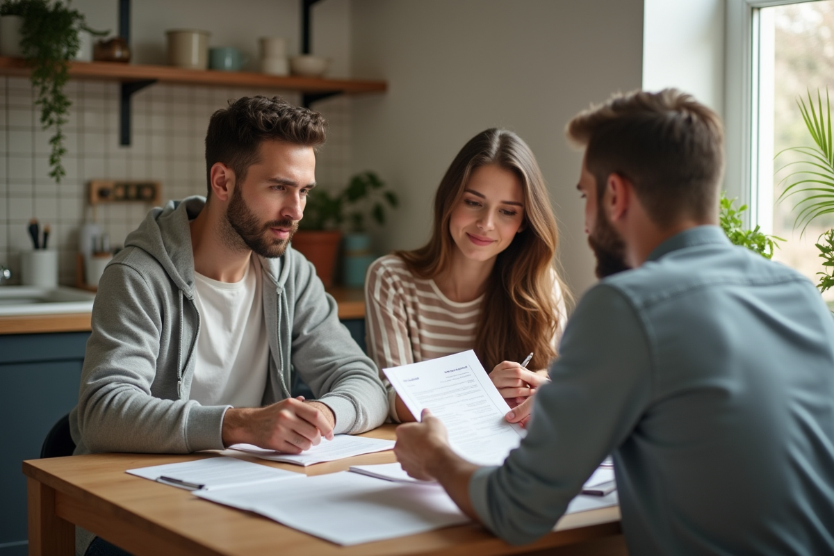Jeune couple examinant des documents de location dans la cuisine