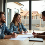 Jeune couple signant un contrat immobilier dans un bureau lumineux