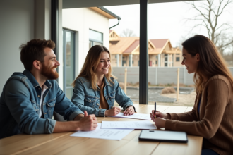 Jeune couple signant un contrat immobilier dans un bureau lumineux