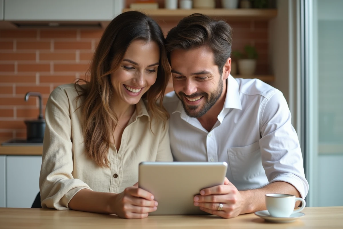 Couple consultant ensemble le suivi de leur demande de logement sur une tablette dans leur cuisine