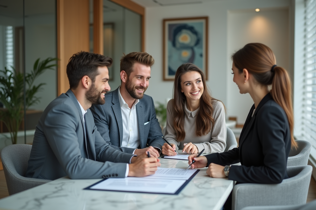 Jeune couple discutant avec agent immobilier