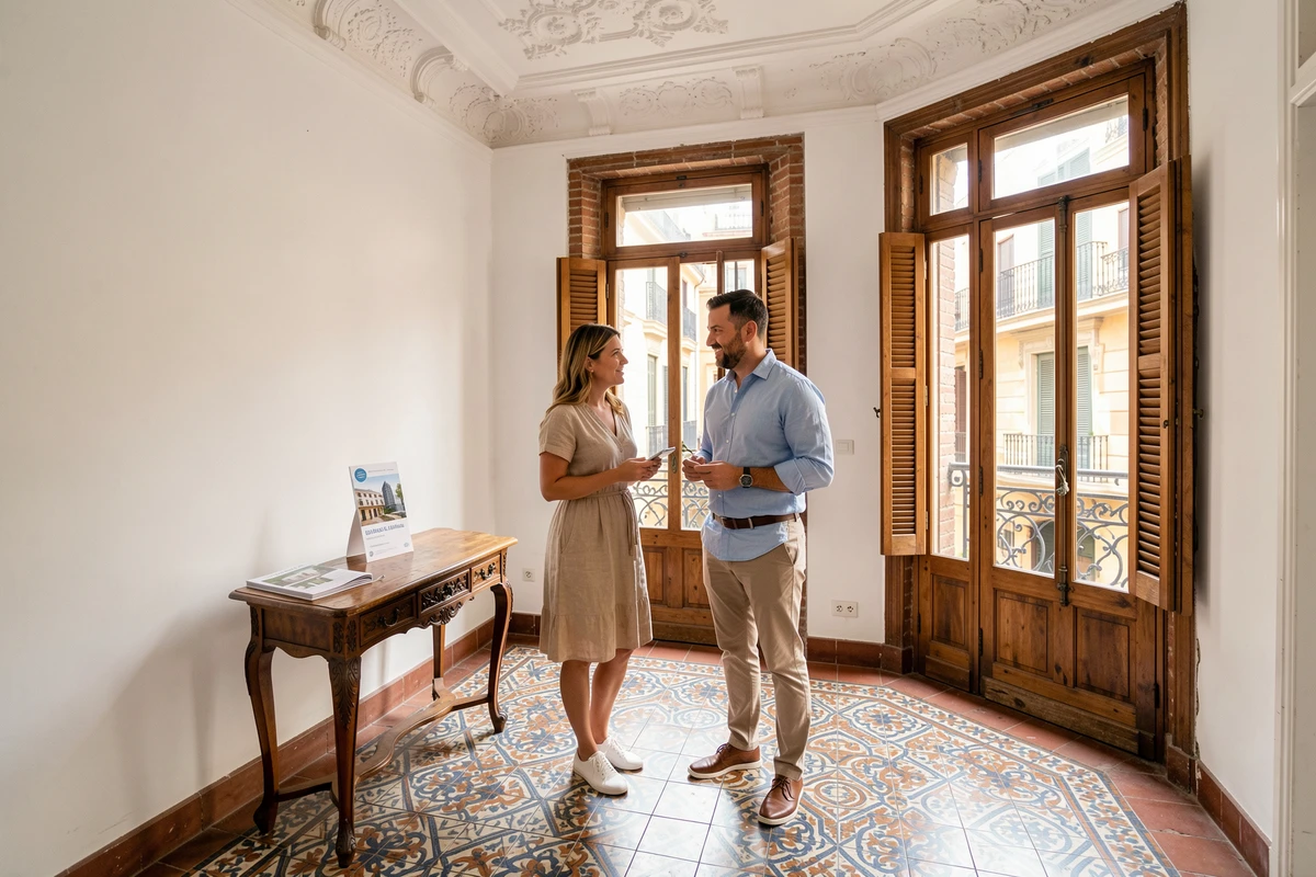 Couple visitant un appartement ancien rénové dans le quartier de l'Eixample à Barcelone
