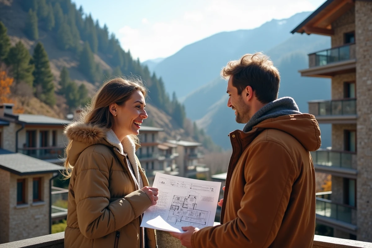 Couple consultant des plans d'appartement sur le balcon d'un immeuble moderne à Andorre la Vieille