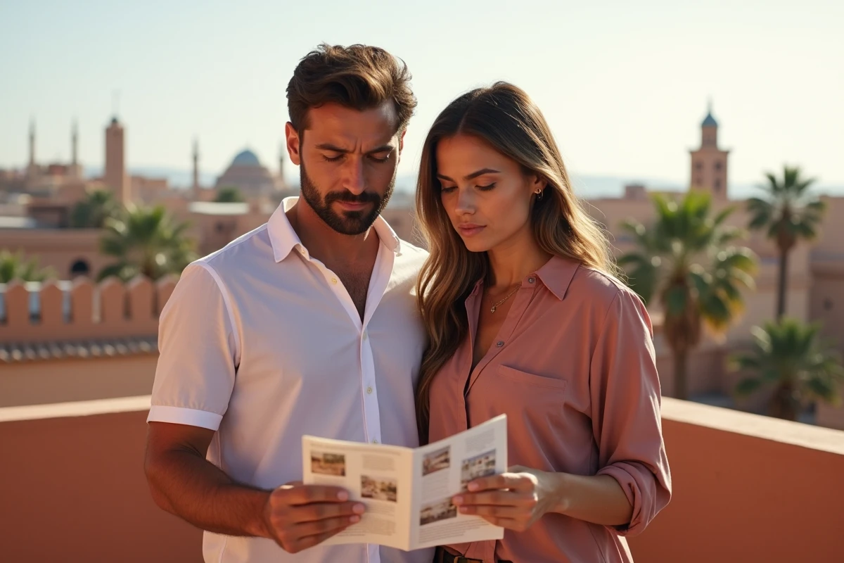 Couple visitant un appartement à vendre à Marrakech sur une terrasse avec vue sur la médina et consultant une annonce immobilière