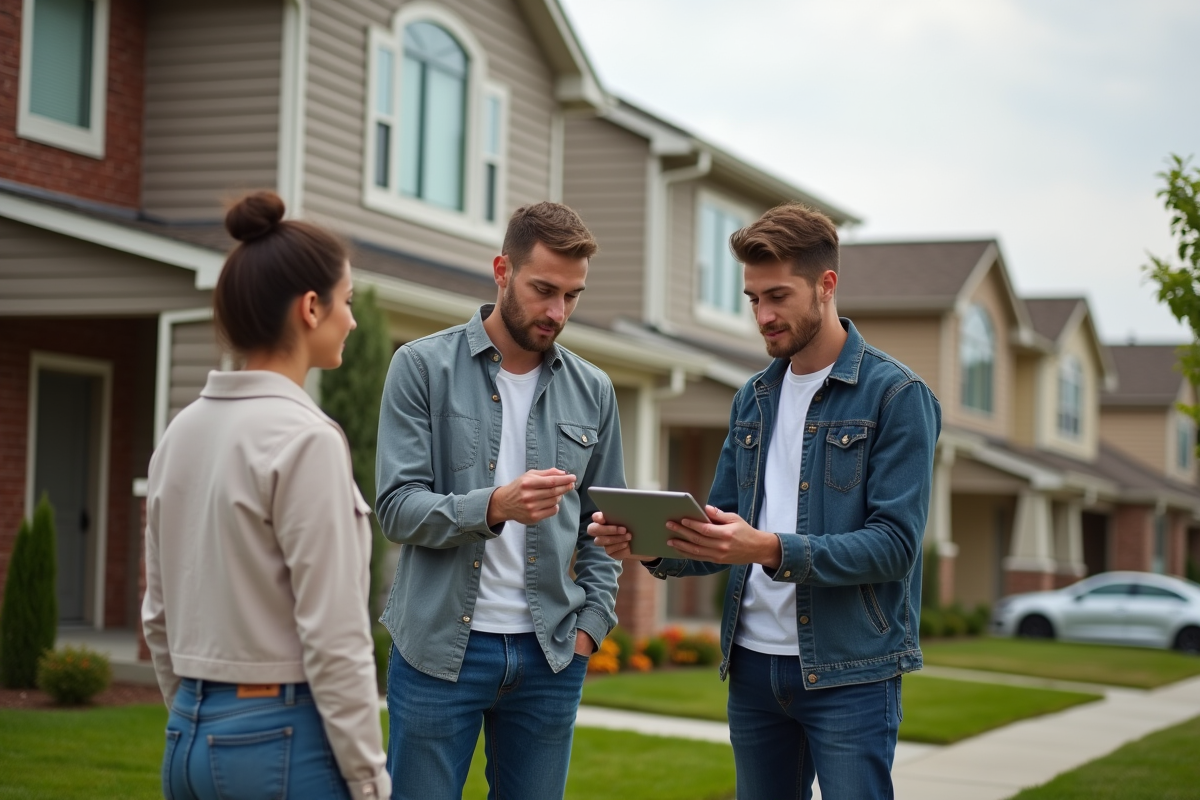 Jeune couple et agent immobilier devant une maison