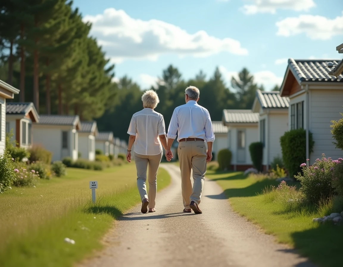 Couple visitant une parcelle à vendre dans un parc résidentiel de loisirs en Vendée pour y installer un mobil-home
