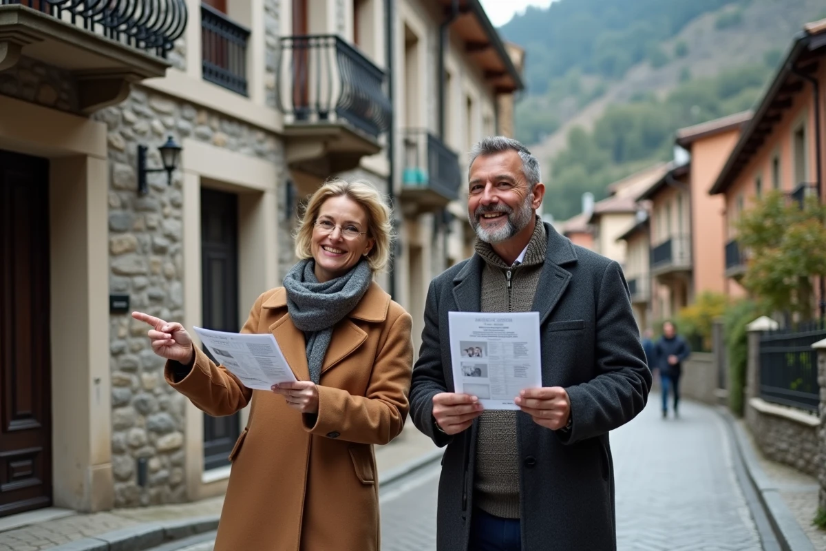Couple visitant une propriété immobilière en Andorre devant une façade en pierre typique