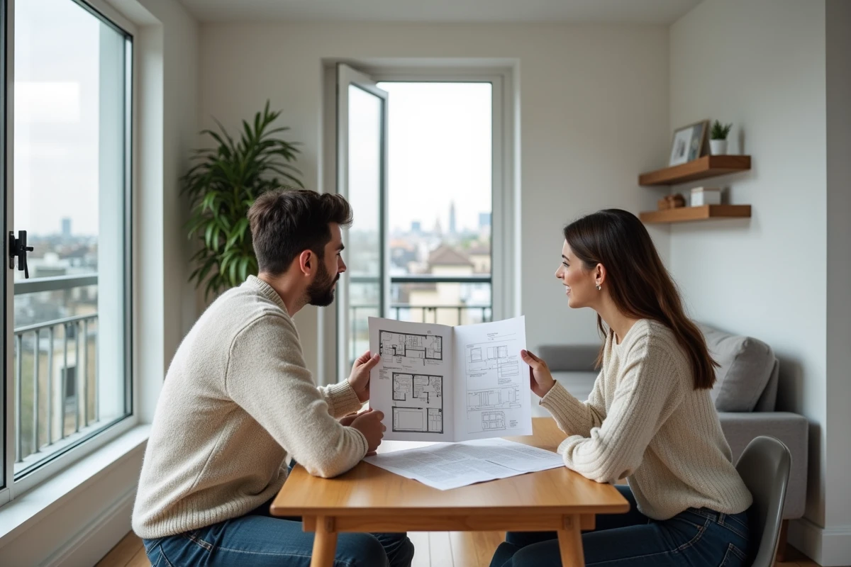 Jeune couple étudiant les plans d'un studio T1 dans un appartement minimaliste avec vue sur les toits urbains