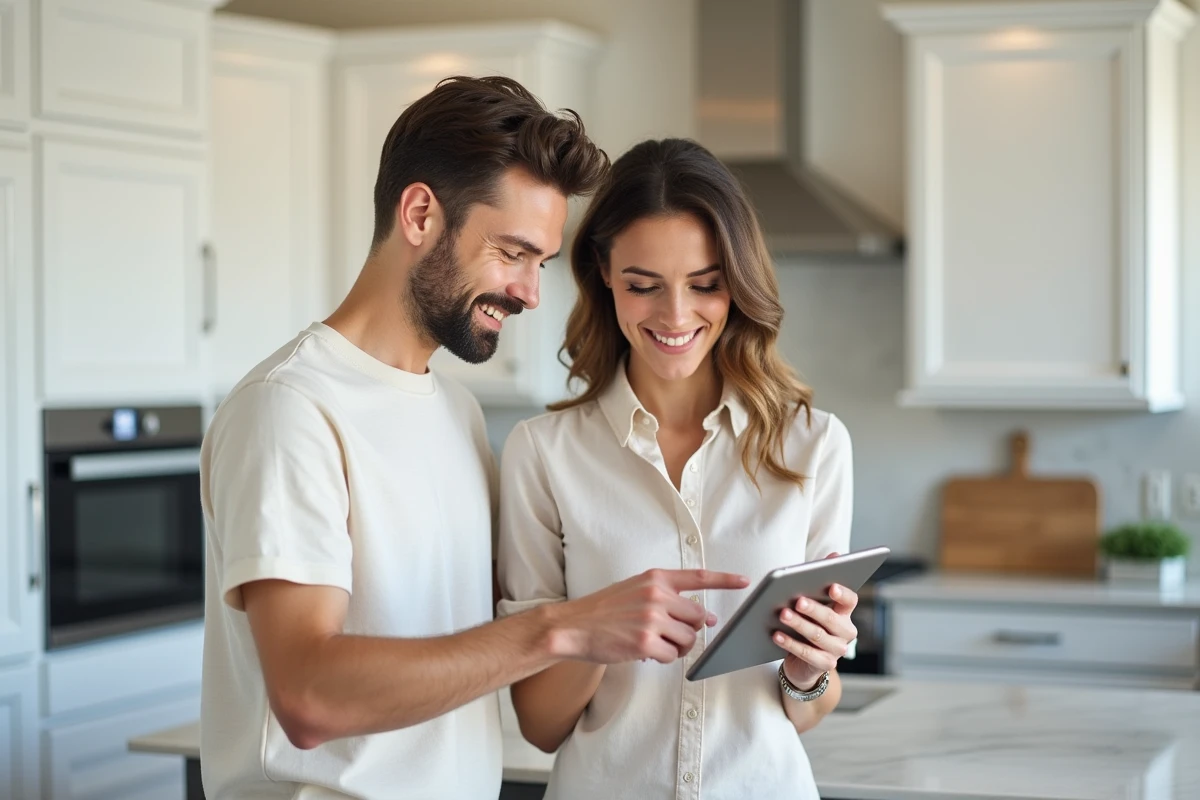 Couple consultant une visite virtuelle de maison sur tablette dans une cuisine témoin moderne