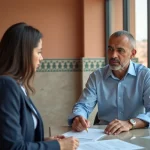 Homme marocain discutant d'un crédit immobilier avec un conseiller bancaire à Marrakech pour financer l'achat d'un appartement