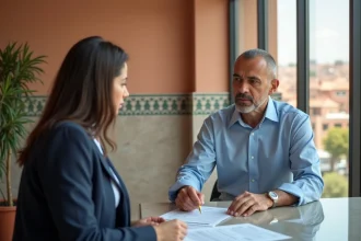 Homme marocain discutant d'un crédit immobilier avec un conseiller bancaire à Marrakech pour financer l'achat d'un appartement