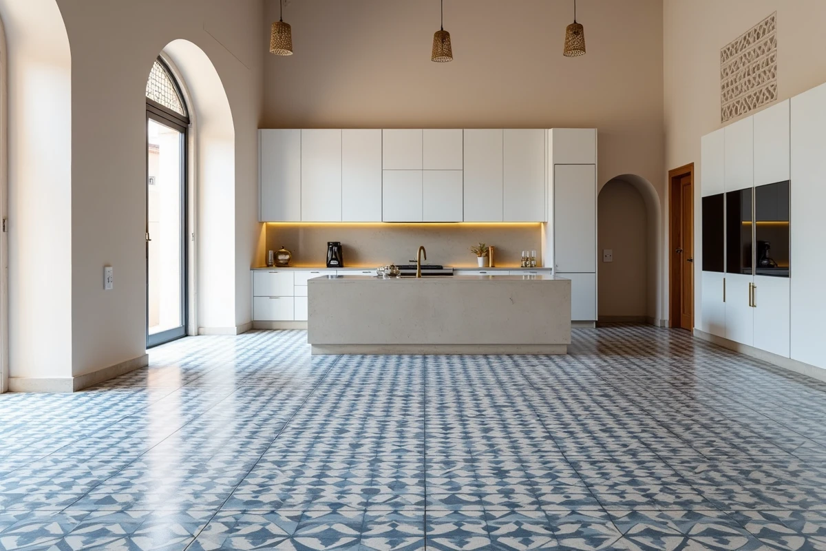 Cuisine rénovée dans un appartement riad à Marrakech avec carreaux de ciment géométriques et armoires modernes blanches à poignées en laiton