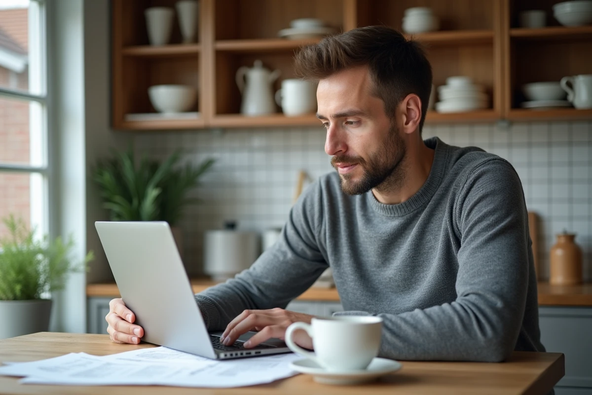 Propriétaire consultant ses documents fiscaux à la table de cuisine pour déclarer les revenus d'une location de chambre occasionnelle