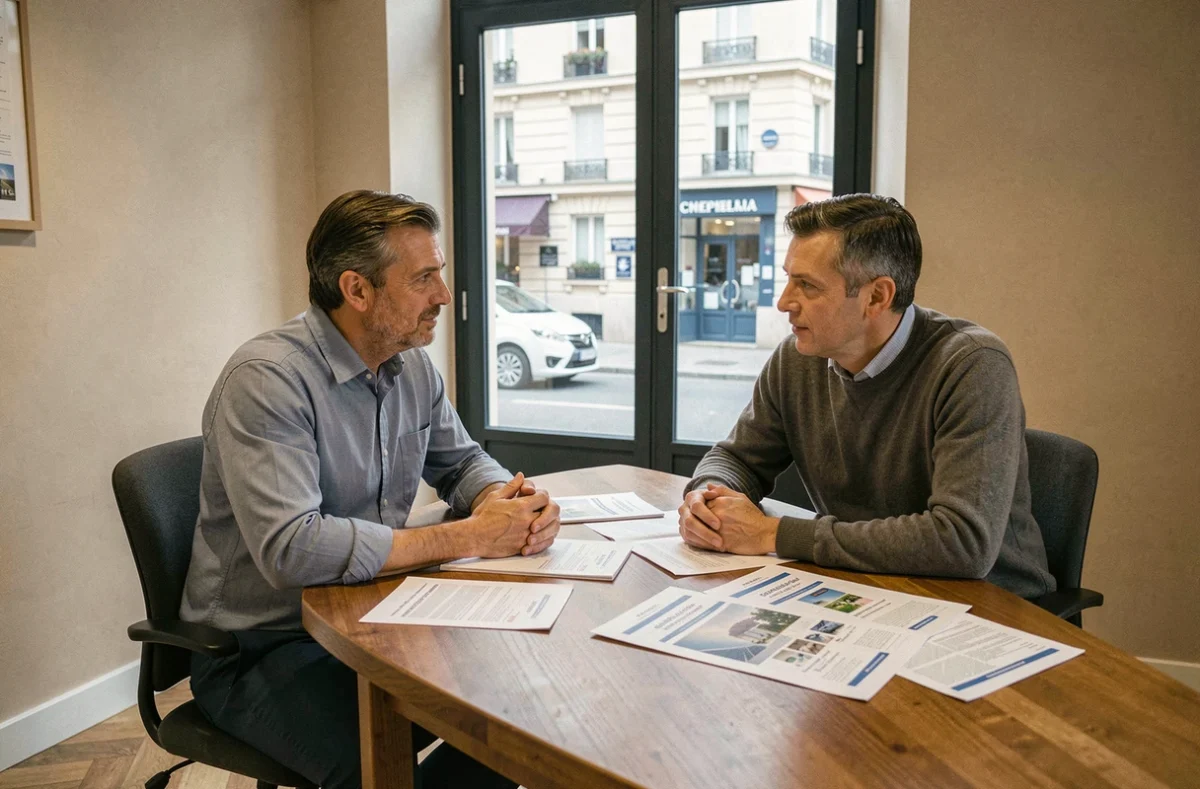 Homme en rendez-vous avec un agent immobilier dans une agence de location parisienne
