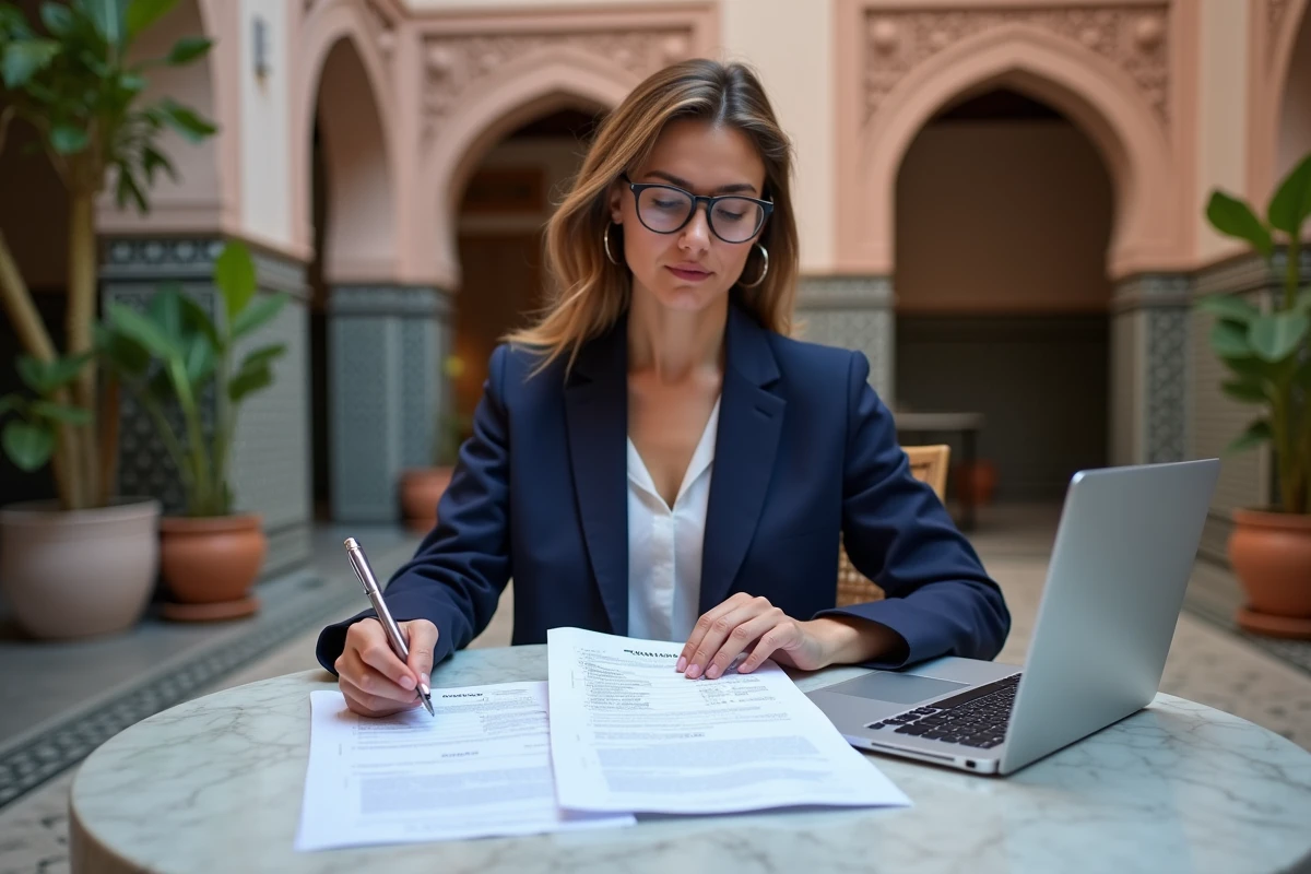 Femme française étudiant les documents fiscaux et juridiques pour l'achat d'une villa à Marrakech