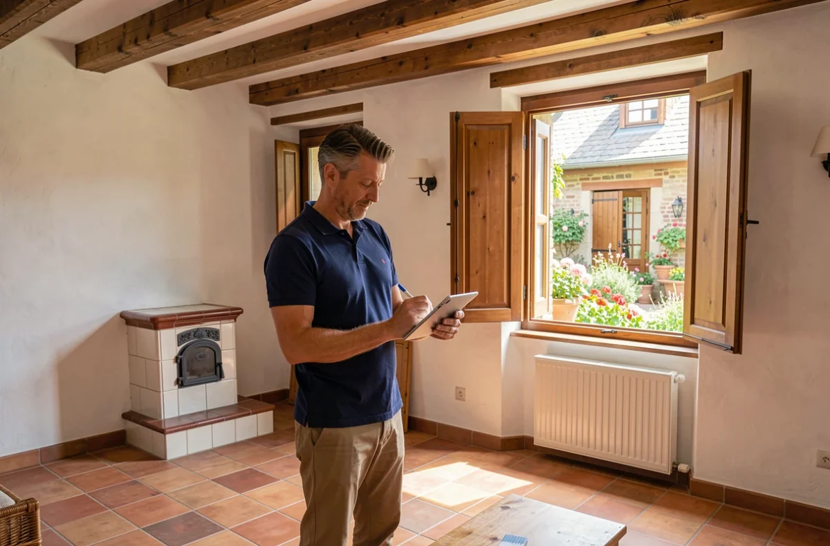 Agent de Desaulles Immobilier réalisant une inspection dans un appartement alsacien traditionnel avec poutres en bois