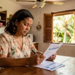Femme guadeloupéenne consultant un devis d'assurance habitation à la table de sa cuisine créole